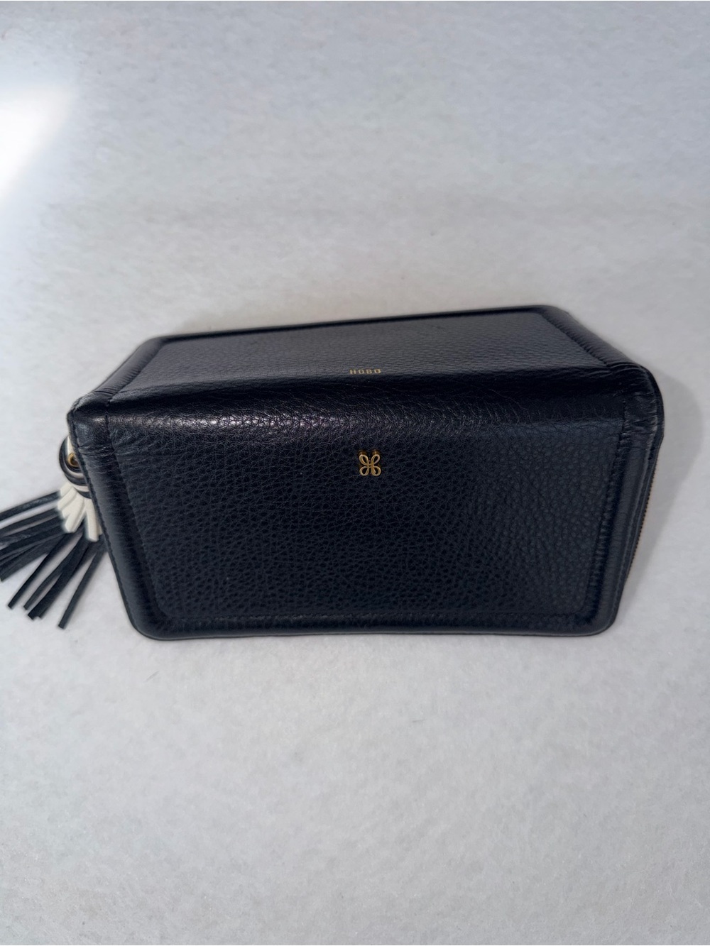 Like New Nila HOBO Black Leather Zip Wallet with Black and Cream Tassel - Picture 3 of 11
